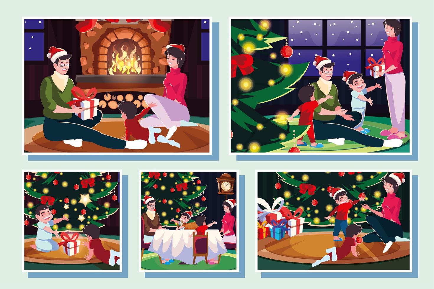 bundle christmas cards with family in christmas evening vector