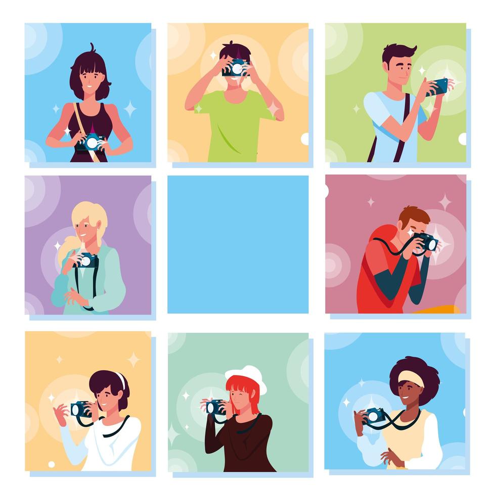 set of cards with people taking a photo vector