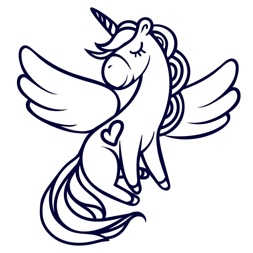 Hand-drawn flying magical unicorn with a heart. vector