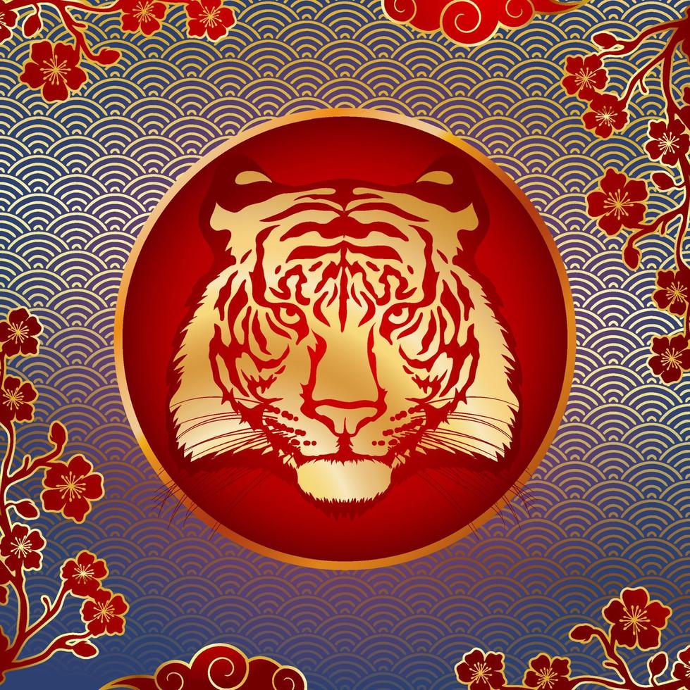 Tiger head. Gold silhouette of a tiger head on a red background with a pattern. vector