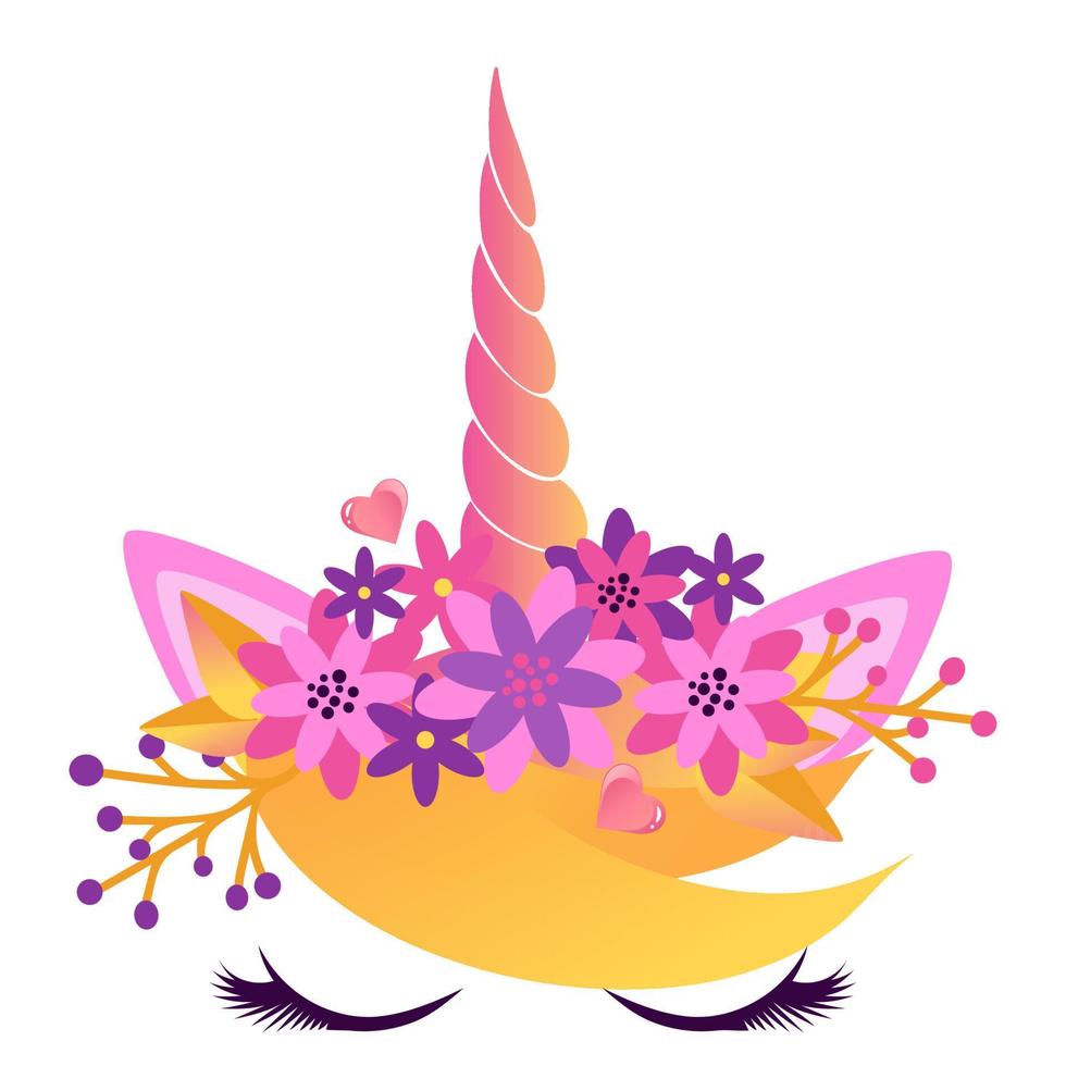 Face of a unicorn with closed eyes and a wreath of flowers.  Vector illustration isolated on white background.