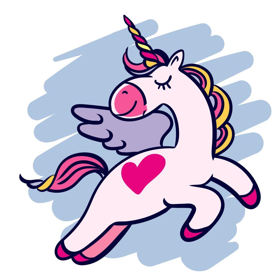 Hand-drawn flying unicorn with a heart. vector