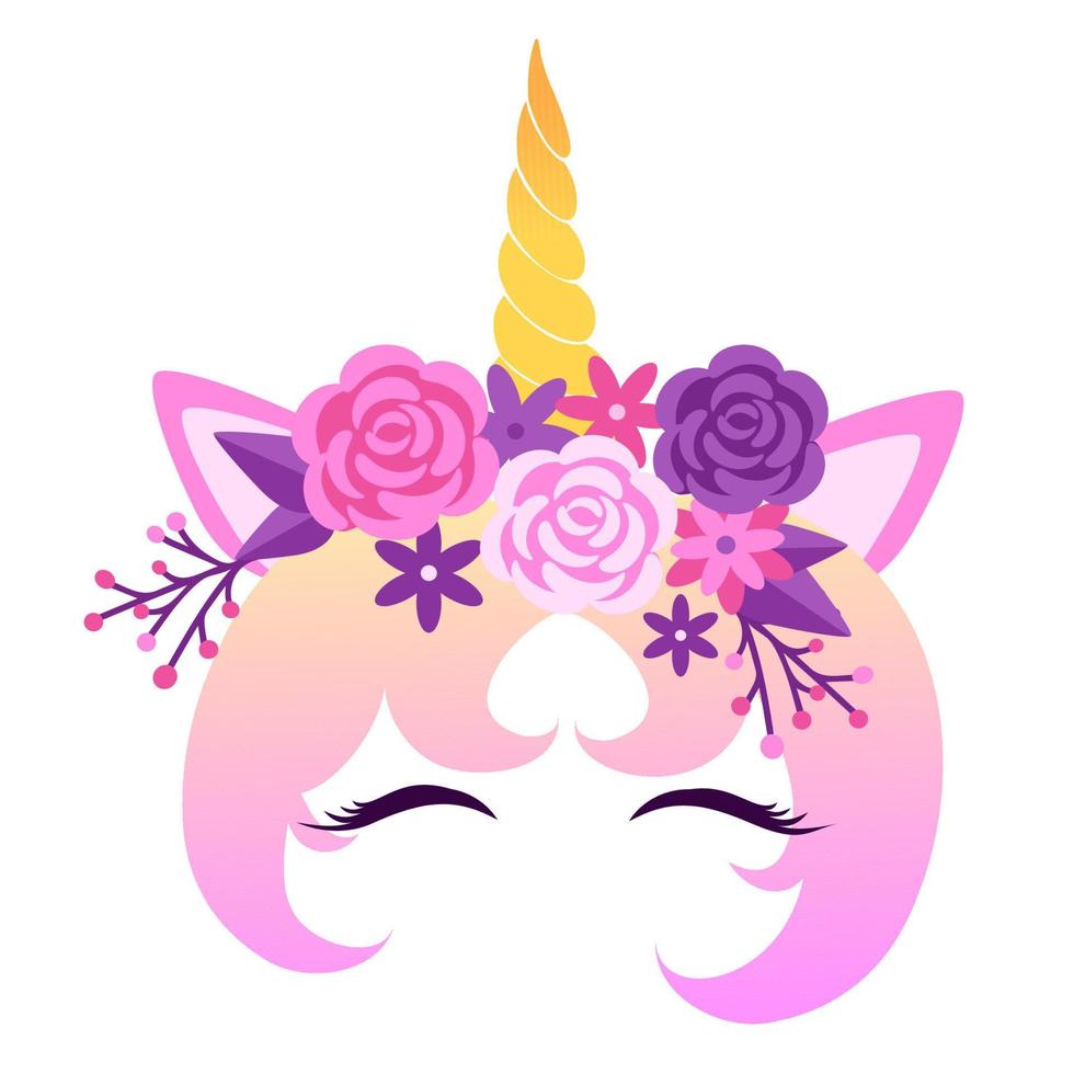 Face of a unicorn with closed eyes and a wreath of flowers.  Vector illustration isolated on white background.