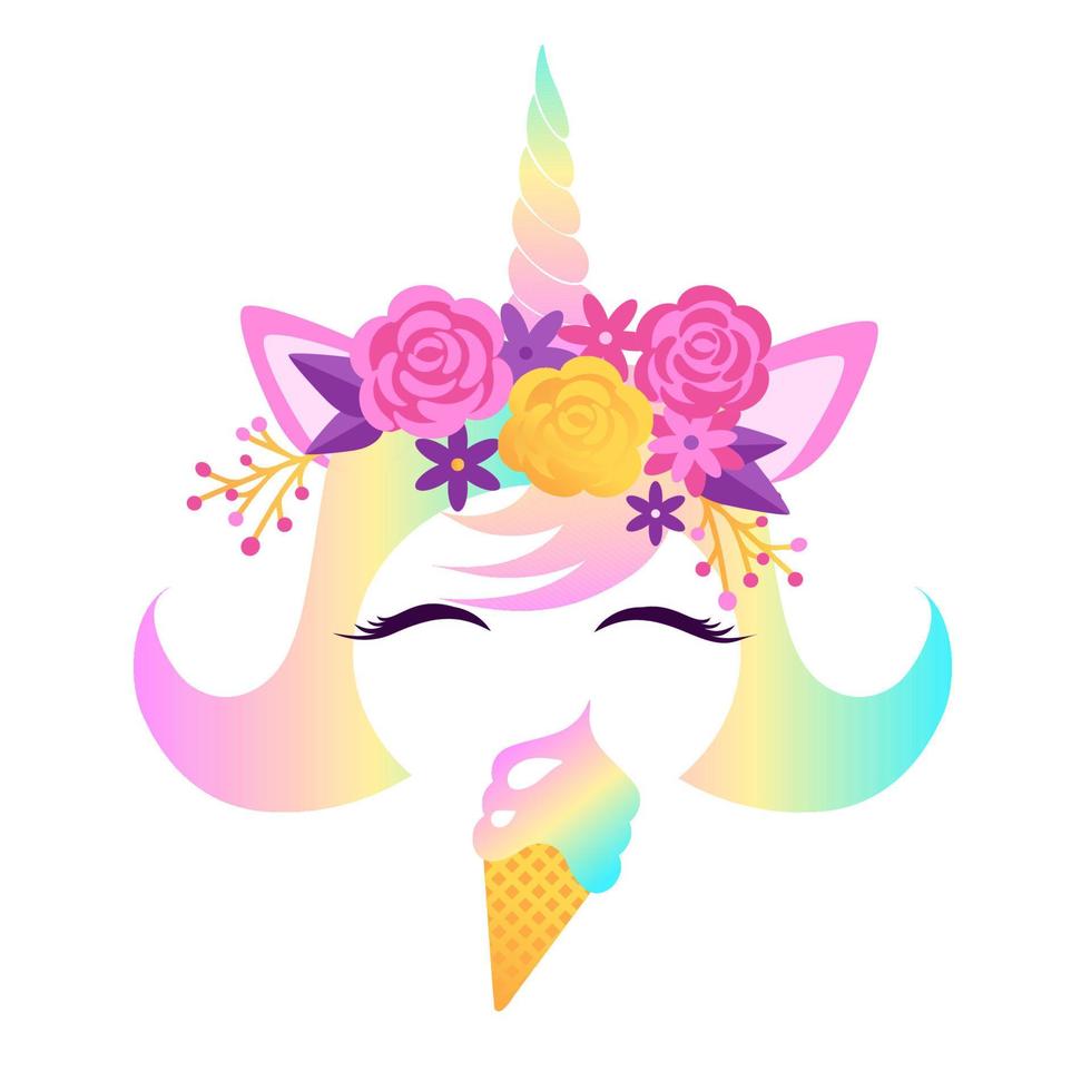 The face of a unicorn with closed eyes and a wreath of flowers and an ice cream cone. Vector illustration isolated on white background. Vector illustration isolated on white background.