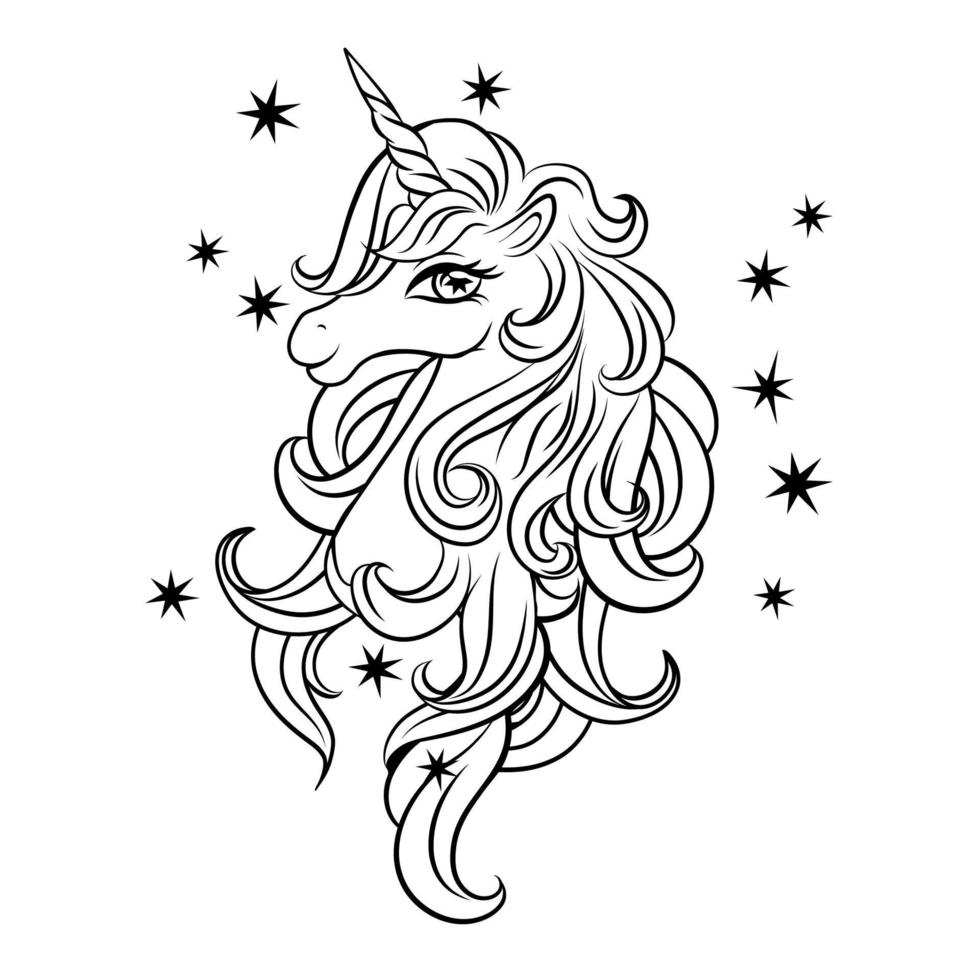 Head of a cute magical unicorn with stars. Black outline of a unicorn head, coloring book. vector