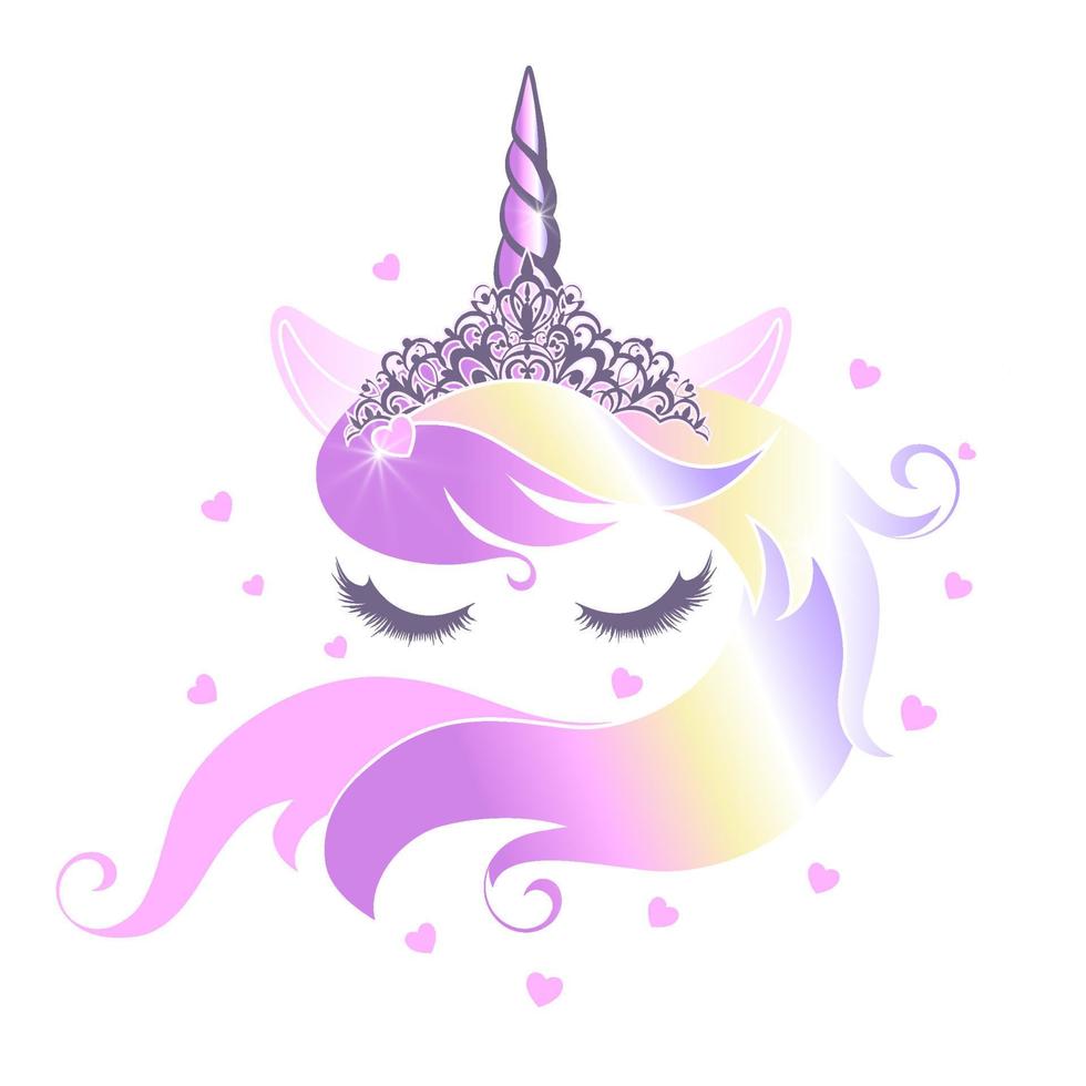 linda cara de unicornio con los ojos cerrados con una tiara de melena arcoíris. vector