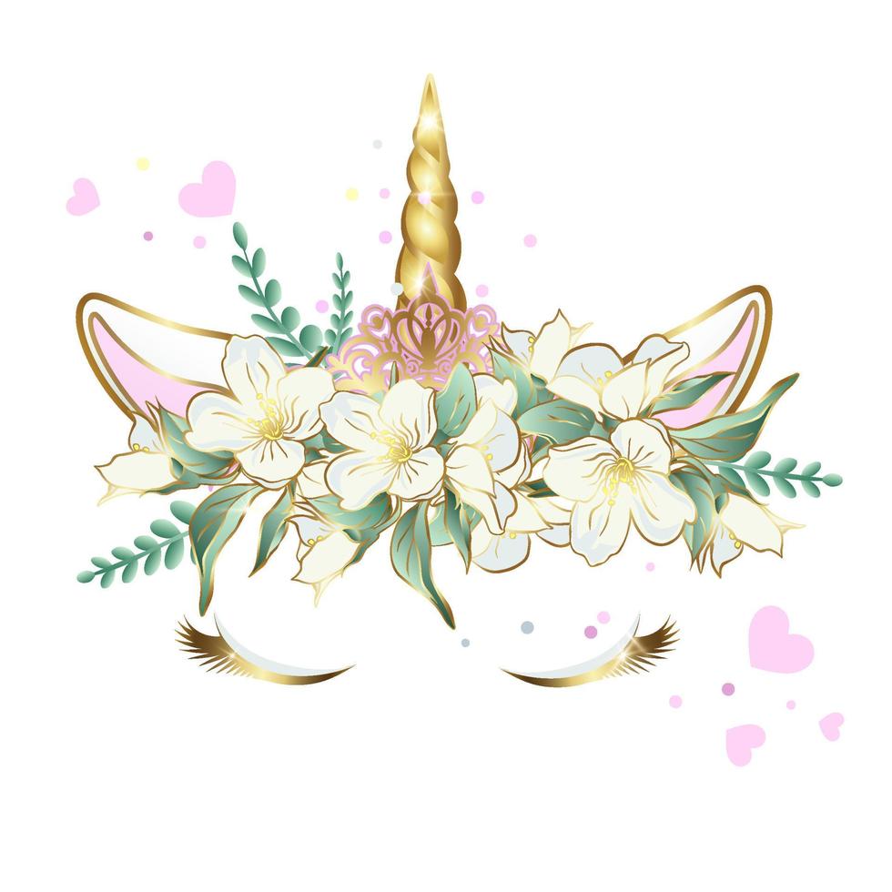 Vector unicorn face with closed eyes and wreath of flowers with  golden horn, tiara, magic wand and gem.