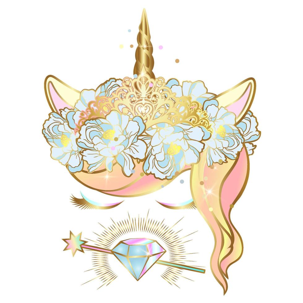 Vector unicorn face with closed eyes and wreath of flowers with  golden horn, tiara, magic wand and gem.