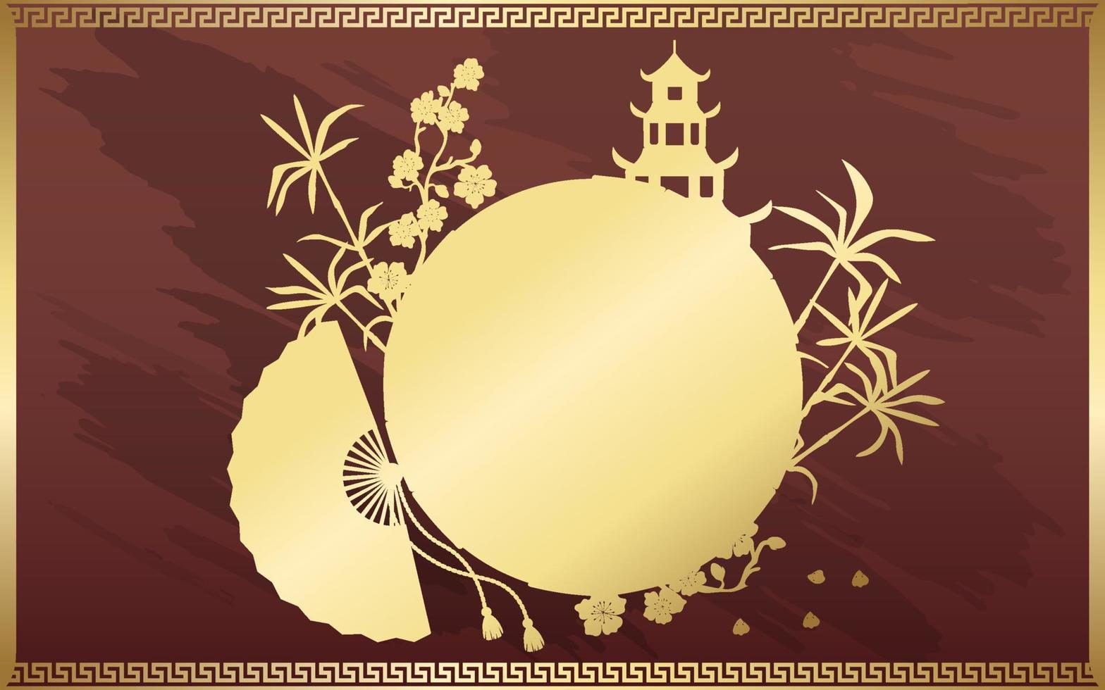 Asian background in gold frame with Chinese pagoda, bamboo, sakura flowers and fan. Place for your text. vector