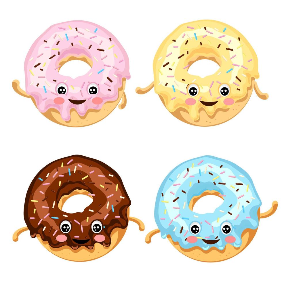 juego de divertidas donas multicolores con ojos en glaseado de azúcar y chocolate con una capa multicolor. ilustración vectorial. vector