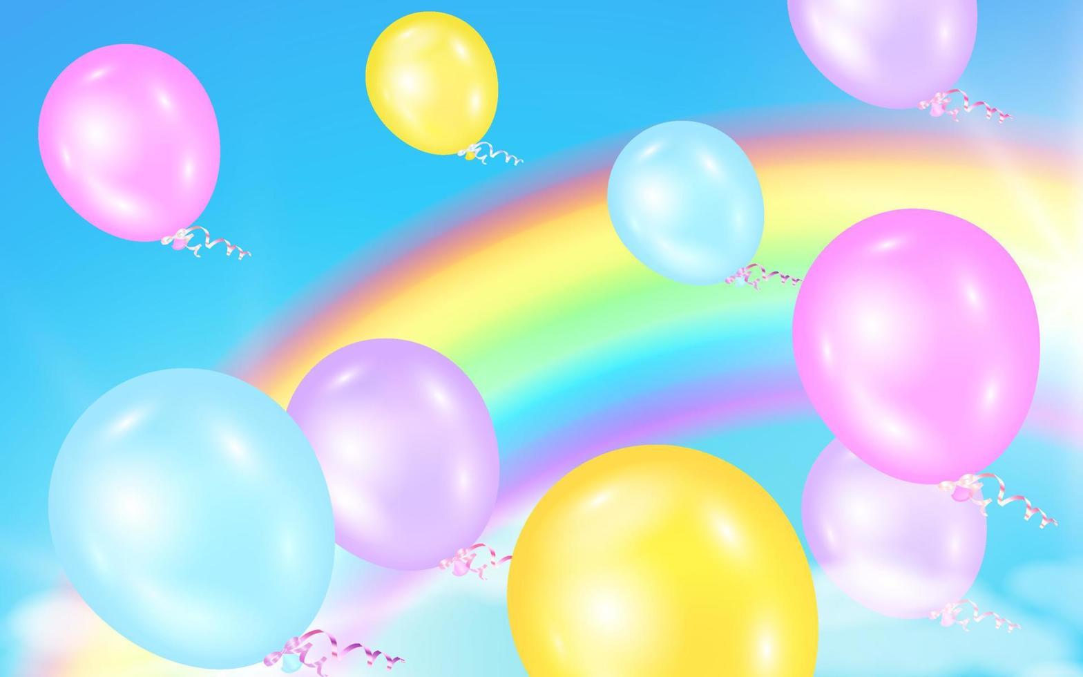 Fondo de fantasía de cielo azul mágico con globos de colores voladores y arco iris. vector