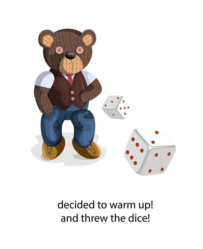 Vector image of a soft toy bear, depicted alive with a touch of humanity. Throwing the dice. Concept. EPS 10