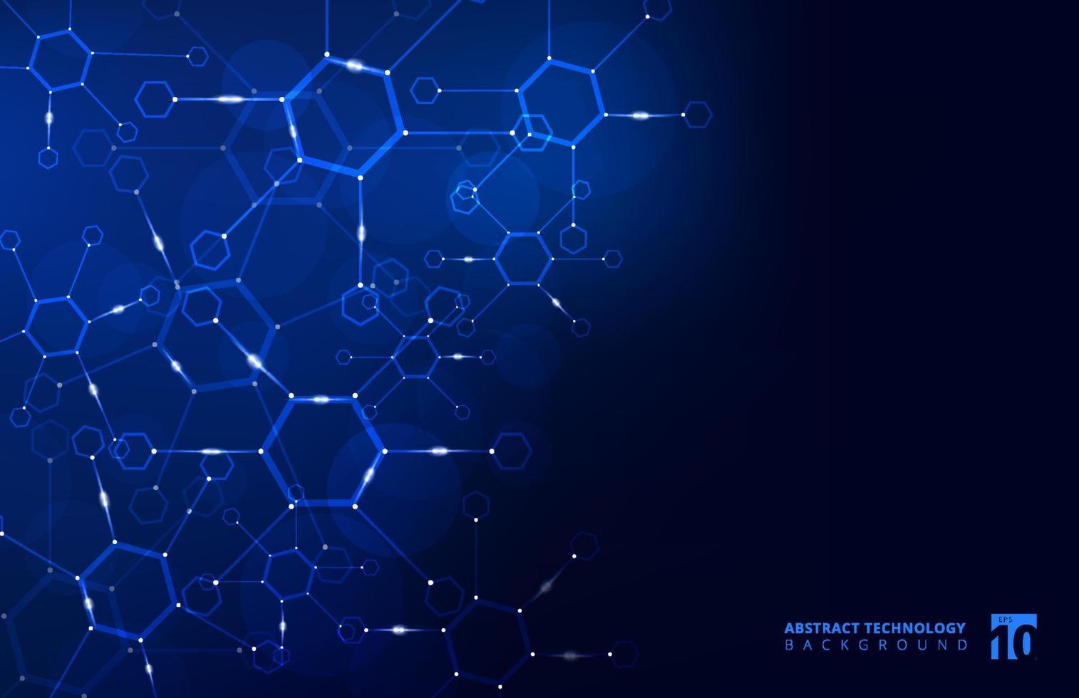 Abstract hexagon geometric background with connected line and dots on blue background. Big data Visualization. vector