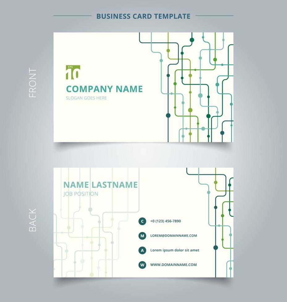 Creative business card and name card template technology background green color curved lines, dots. vector