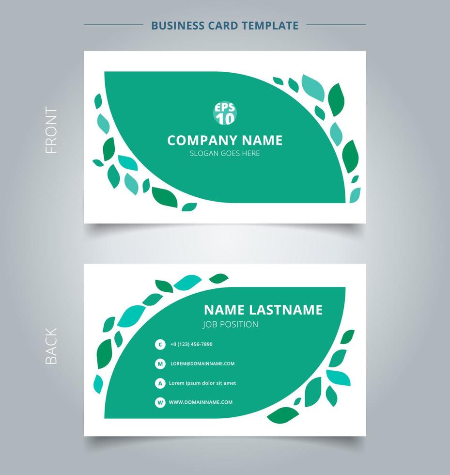 Creative business card and name card template graphic green leaves pattern on white background. vector