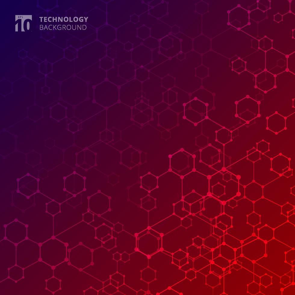 Abstract geometric technology hexagon with dots lines connection blue and red gradient background. vector