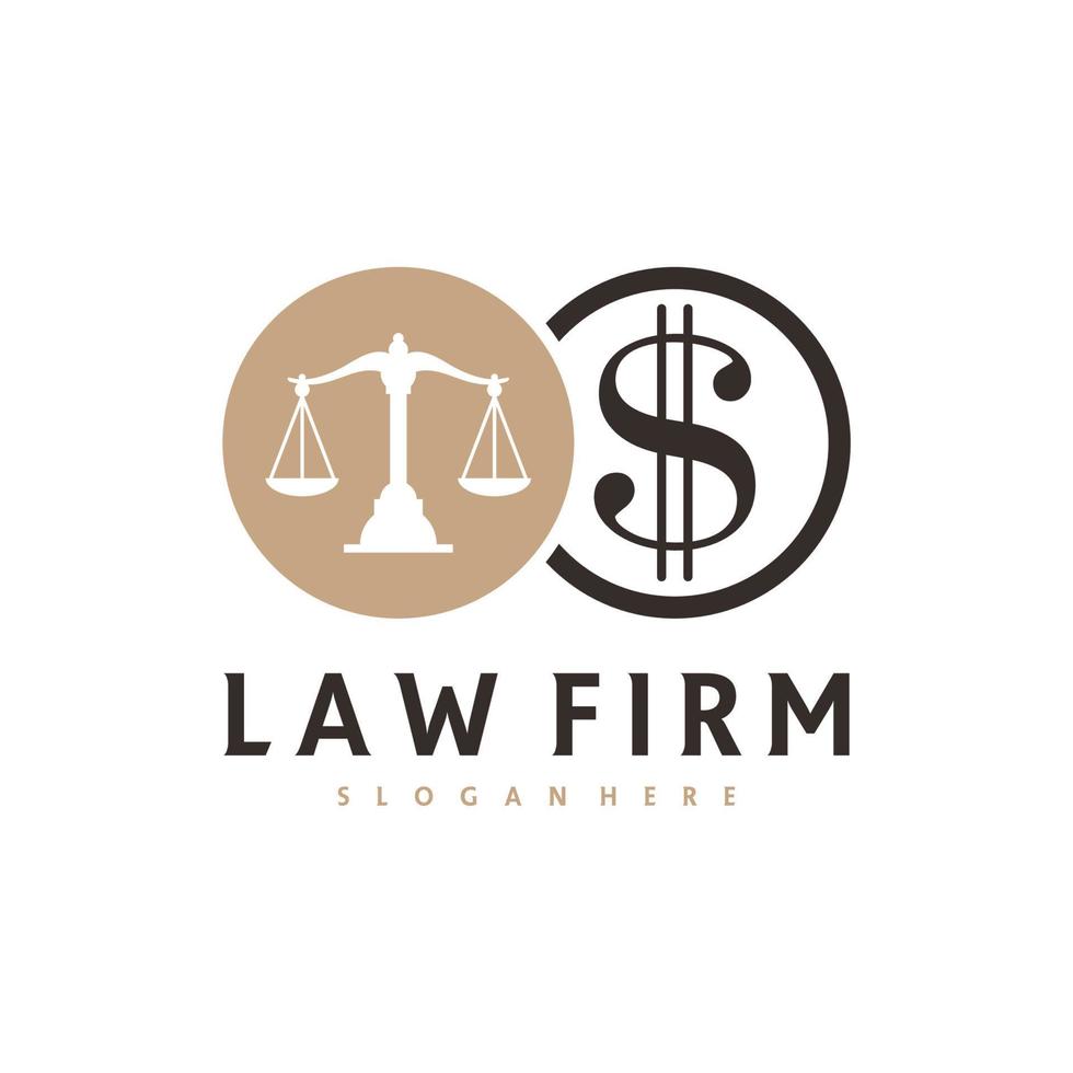 Plantilla de vector de logotipo de justicia de dinero, conceptos de diseño de logotipo de bufete de abogados creativos