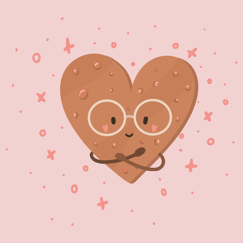 Heart-shaped cookies with glasses. Cute childish element in simple hand-drawn Scandinavian cartoon doodle style. Limited pastel palette ideal for printing childish textiles, clothing vector