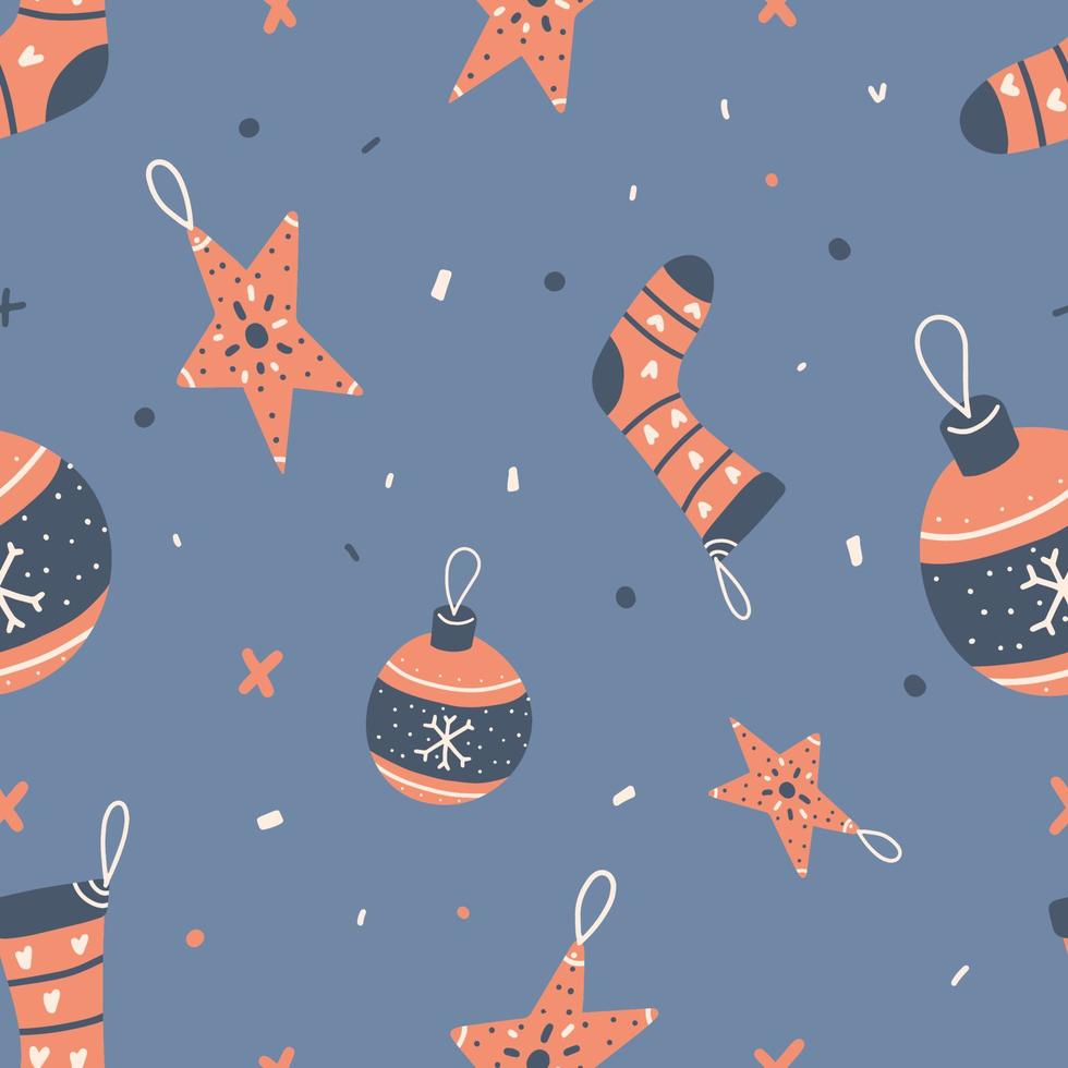 juguetes de navidad en el árbol de navidad, estrella y calcetín. patrón sin costuras en estilo navideño para tela y papel de regalo vector