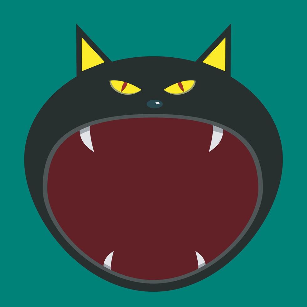 Gran cabeza de personaje de gato negro y boca abierta, vector e ilustración.