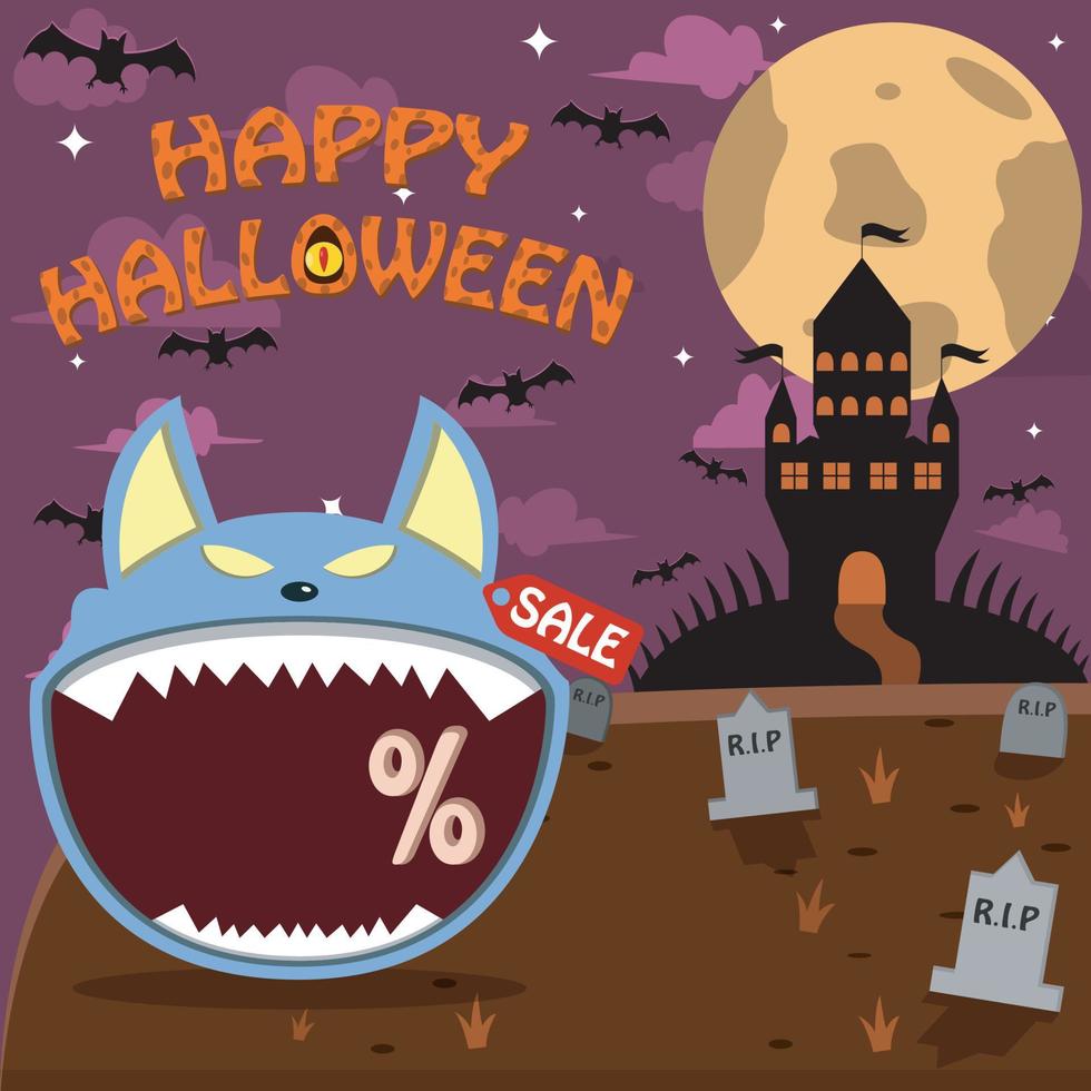 Halloween Character Head With Wolf Head On Graveyard and Palace. Percent, Sale, and Dark Background vector