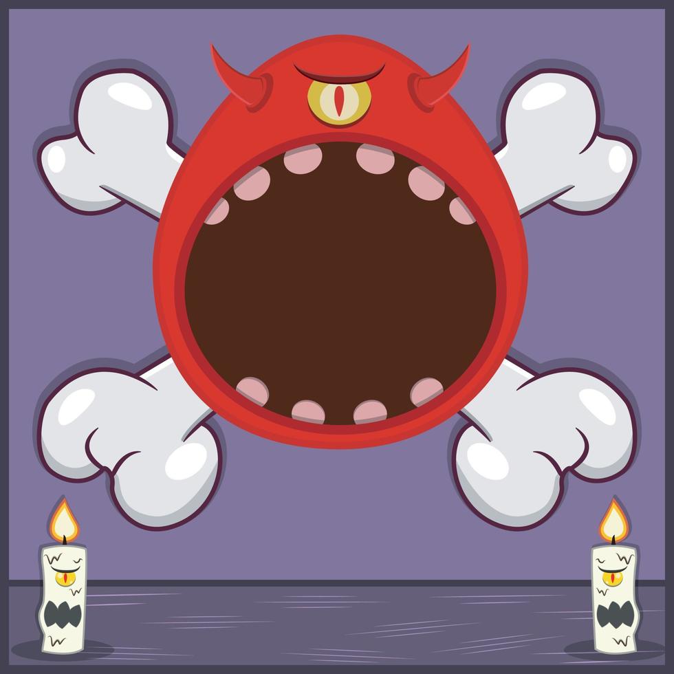 Halloween Character Design With One Eye Monster Head. On Skull and Candles vector