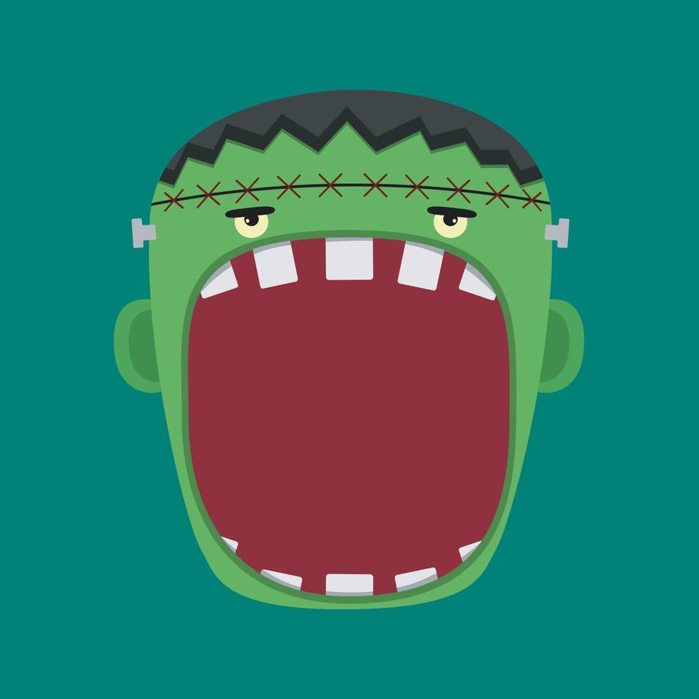 gran cabeza de personaje de frankenstein y boca abierta, vector e ilustración.