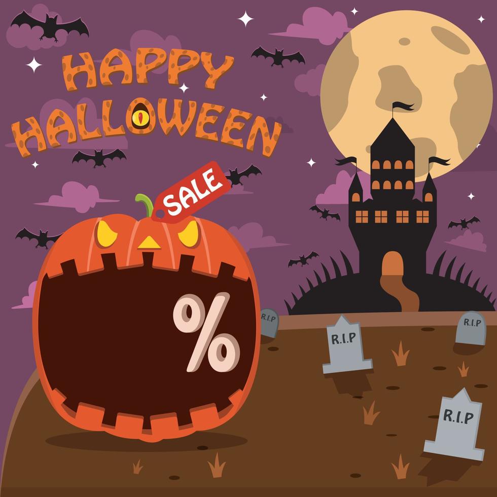 Halloween Character Head With Pumpkin Head On Graveyard and Palace. Percent, Sale, and Dark Background vector