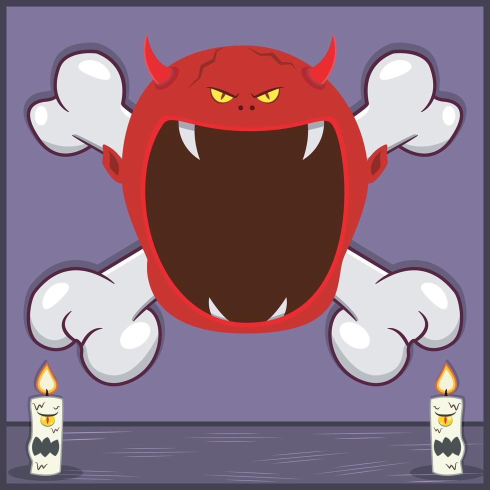 Halloween Character Design With Devil Head. On Skull and Candles vector