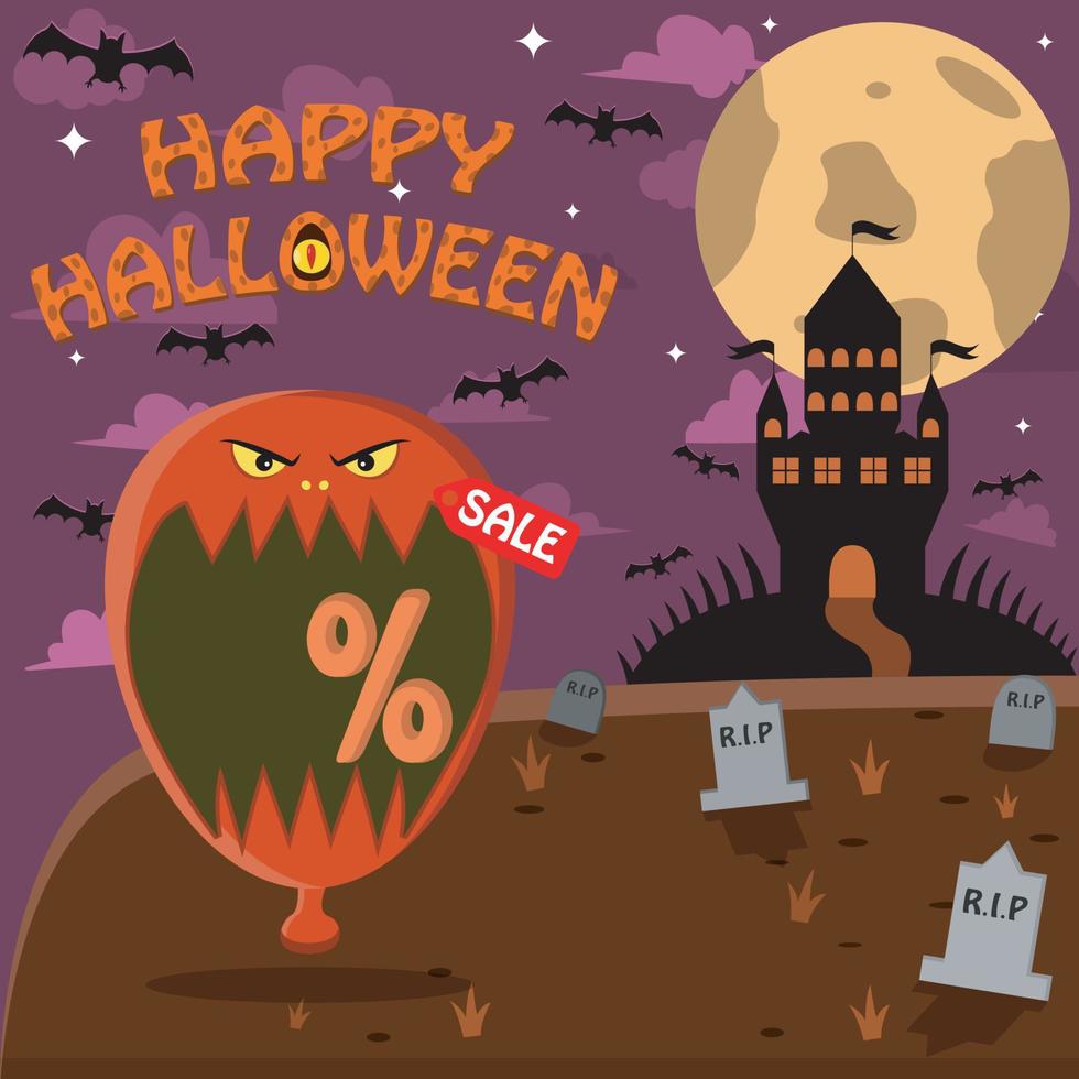 Halloween Character Head With Balloon On Graveyard and Palace. Percent, Sale, and Dark Background vector