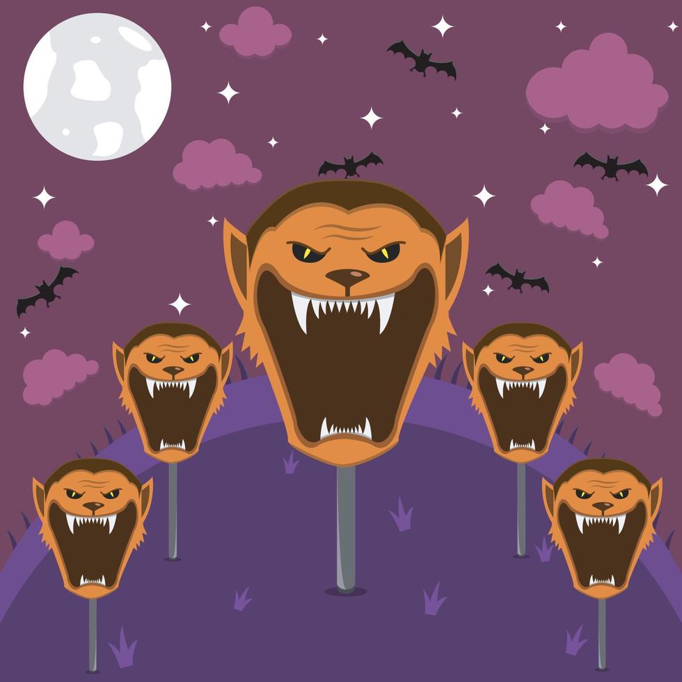 Wolf Man Character in Field and On Night. Vector And Illustration