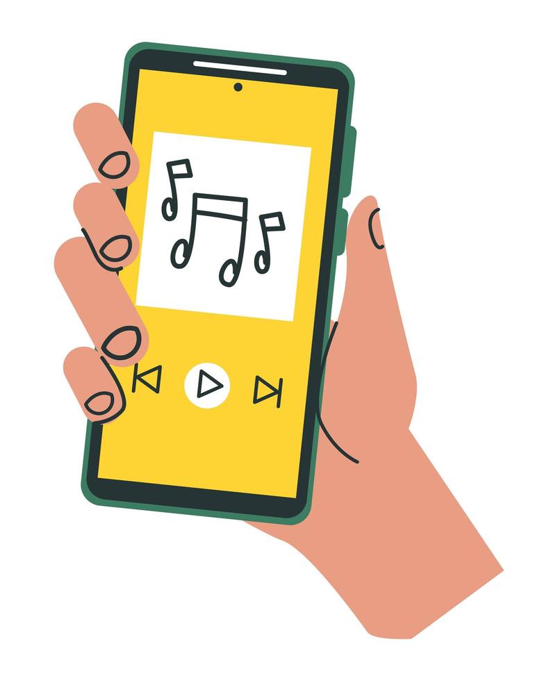 mano usando un teléfono inteligente con notas musicales vector