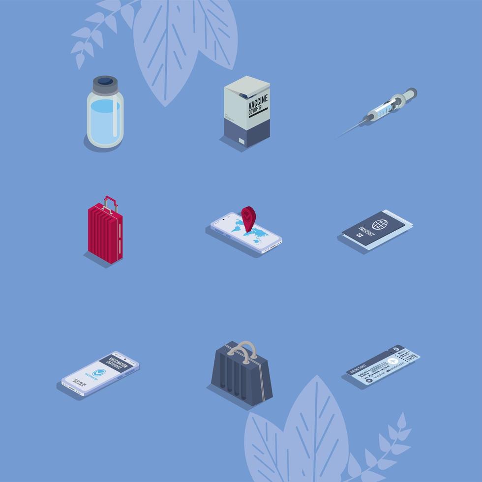 nueve iconos de pasaporte de vacuna vector