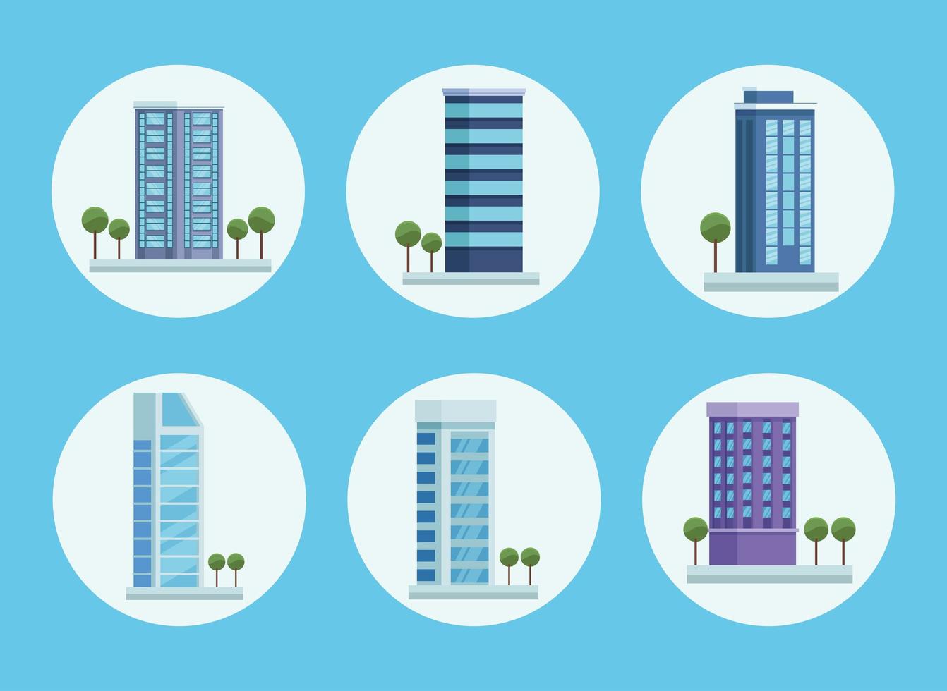 city six buildings icons vector