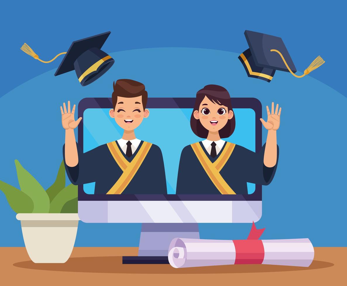 graduates couple in desktop vector