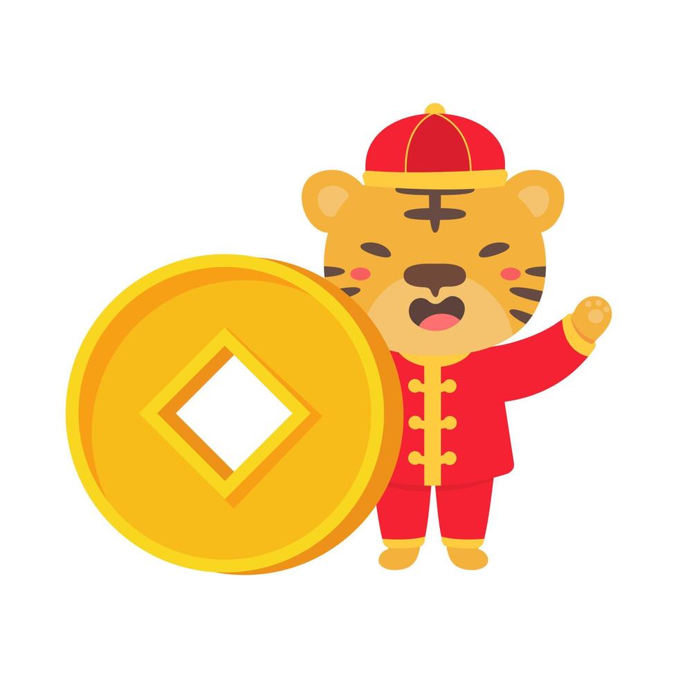 Chinese children wear red national costumes with golden yuan. vector