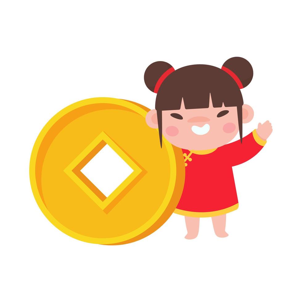 Chinese children wear red national costumes with golden yuan. vector