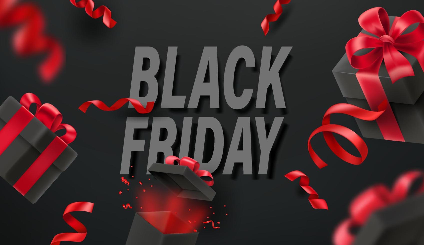 Black friday final sale vector banner with red ribbons and gift boxes
