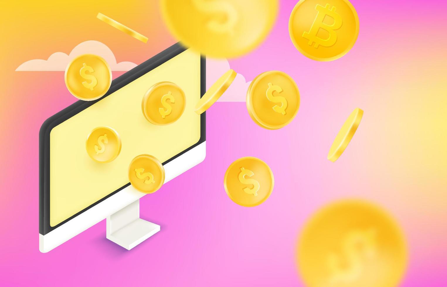 Receiving income using personal computer. Vector concept with gold coins