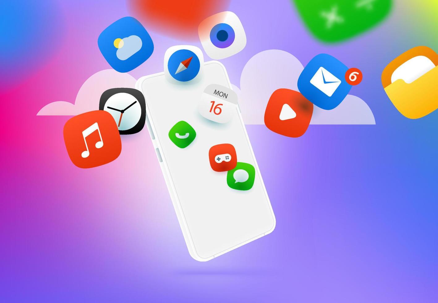 Using different internet applications via modern smart phone. Vector concept