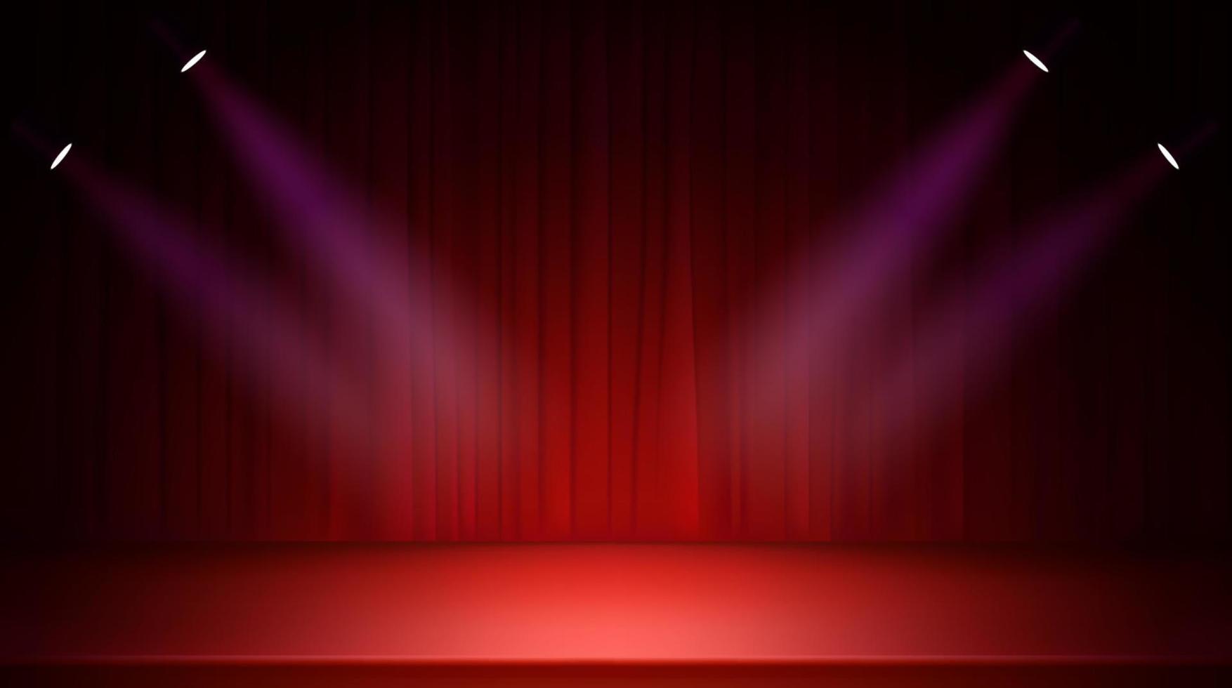 Escenario luminoso con cortinas rojas y focos. Ilustración de vector realista de estilo 3d