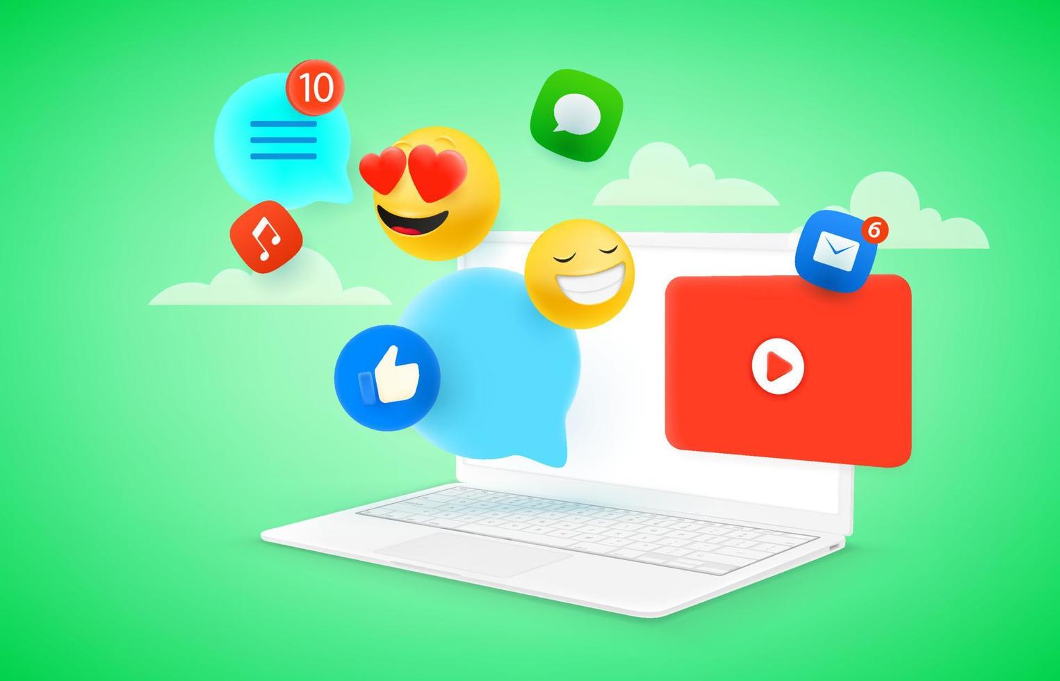 Social media communication via laptop. Vector concept with speech bubbles and emoticons