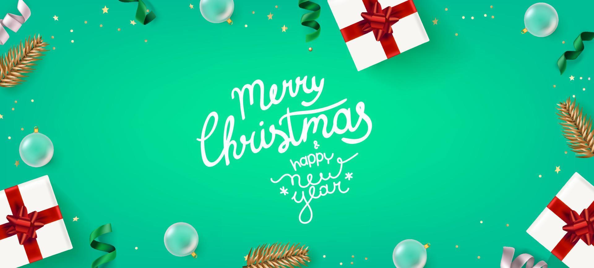 Christmas flat lay background with holiday elements. Realistic vector card with inscriptioin