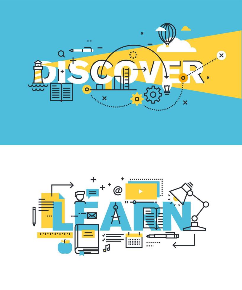 Set of modern vector illustration concepts of words discover and learn