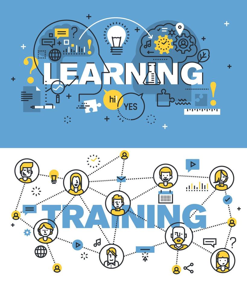 Set of modern vector illustration concepts of words learning and training