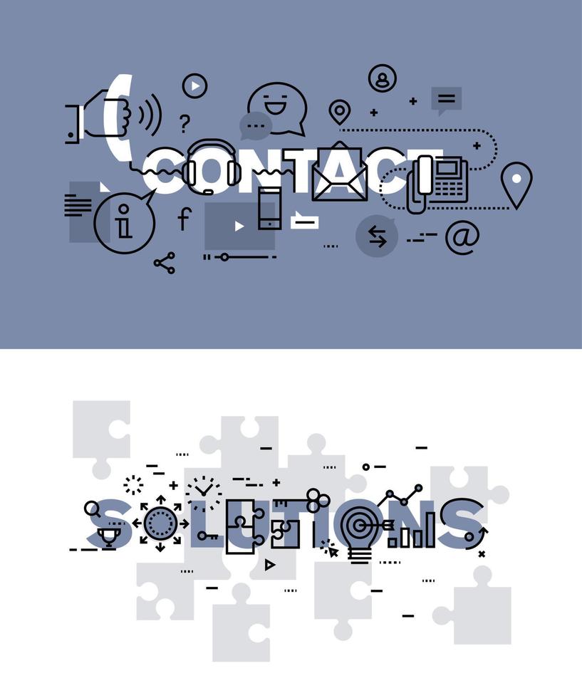 Set of modern vector illustration concepts of words contact and solutions