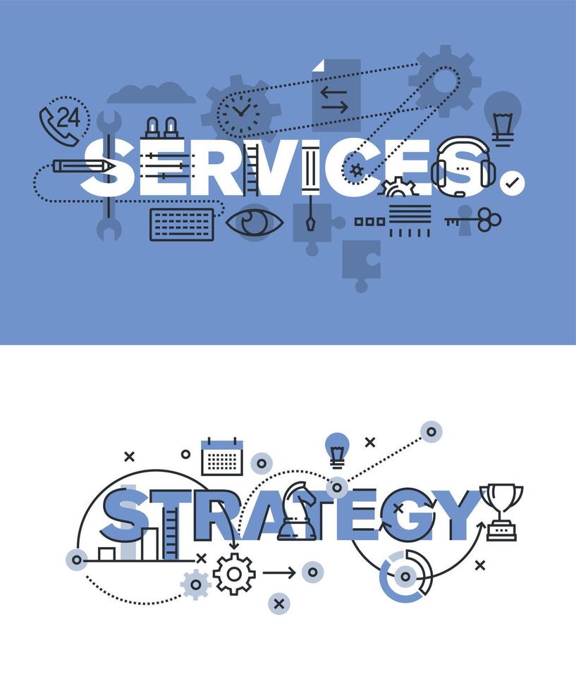 Set of modern vector illustration concepts of words services and strategy