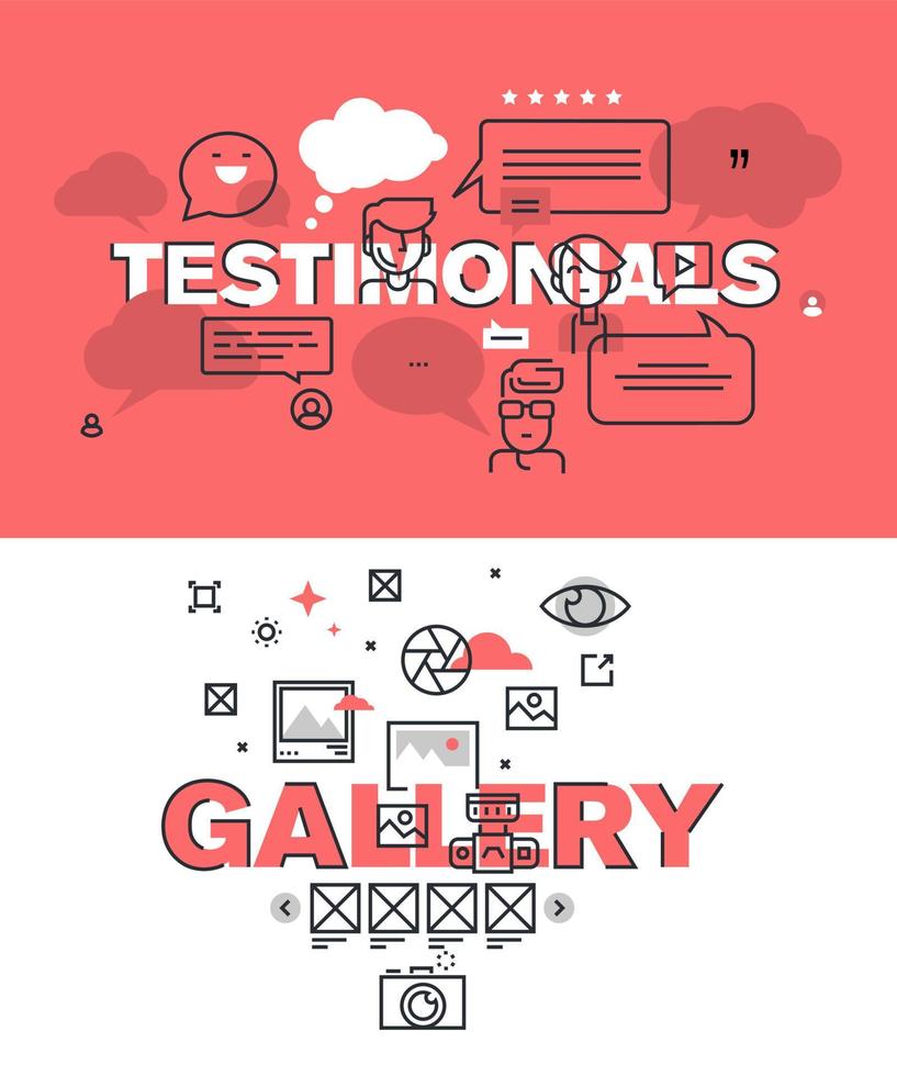 Set of modern vector illustration concepts of words testimonials and gallery