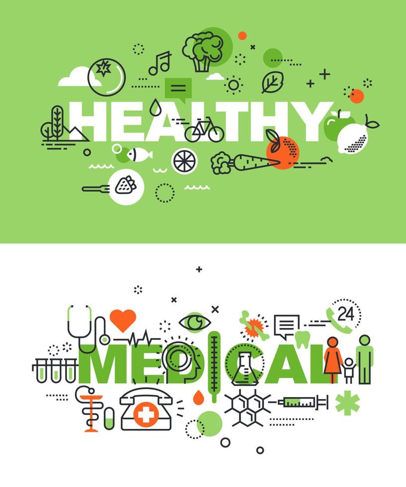 Set of modern vector illustration concepts of words healthy and medical