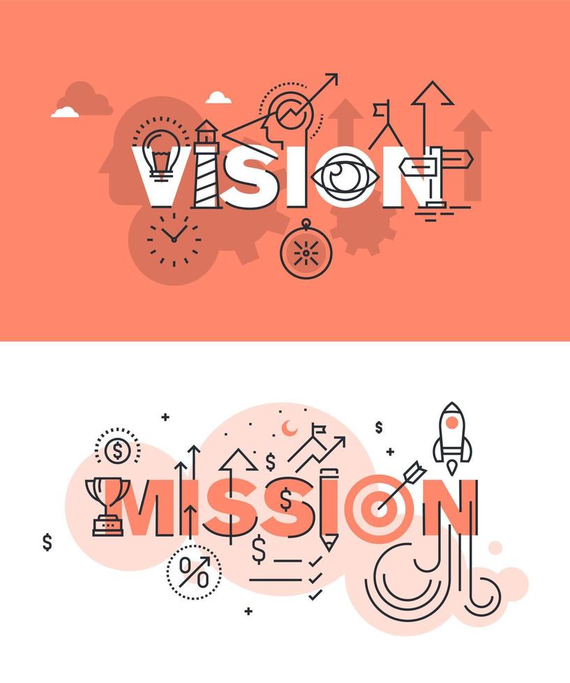 conjunto de conceptos modernos de ilustración vectorial de palabras visión y misión vector